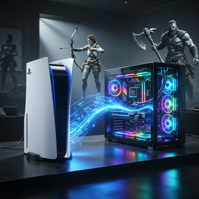 Игровая консоль PlayStation 5, соединённая светящимся потоком данных с игровым ПК, на тёмном фоне с силуэтами персонажей.