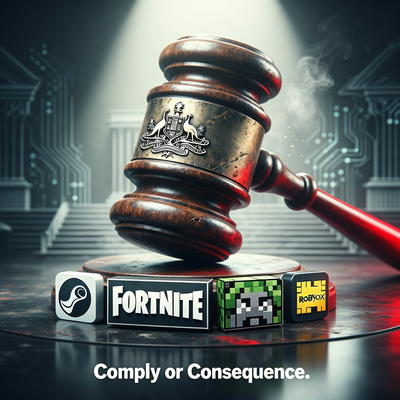 Крупный молоток регулятора нависает над логотипами Steam, Fortnite, Minecraft и Roblox в драматическом освещении.