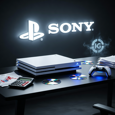 Игровая консоль PlayStation 5 на столе в окружении дисков и контроллера, с финансовыми документами и логотипом Bungie в тени, драматическое освещение.