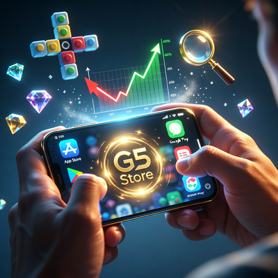 Руки держат смартфон с экраном, где логотипы App Store и Google Play сменяются логотипом G5 Store; на заднем плане тающие элементы игр и график с падающей выручкой, но растущей маржой.