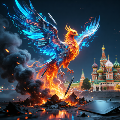Феникс, возрождающийся из пепла, с крыльями, превращающимися в современные схемы и инструменты геймдева, на фоне российского пейзажа.