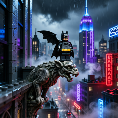 Фигурка LEGO Бэтмена на фоне тёмного Готэма с неоновыми огнями и дождём.