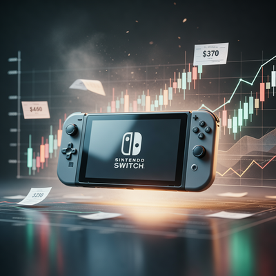 Nintendo Switch 2 консоль с ценниками и графиками продаж, драматическое освещение.