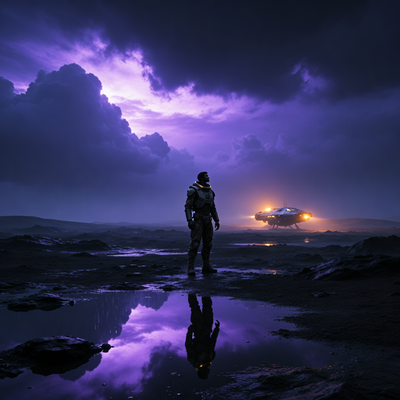 Одинокая фигура на тёмной инопланетной планете под грозовым небом, с маленьким светящимся кораблём на заднем плане.