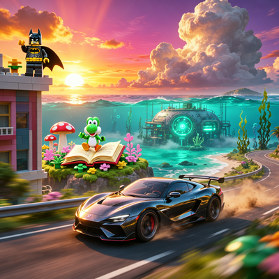 Коллаж из игр мая 2026: гонка Forza Horizon 6, подводный мир Subnautica 2, LEGO Batman и Йоши с книгой на фоне заката.
