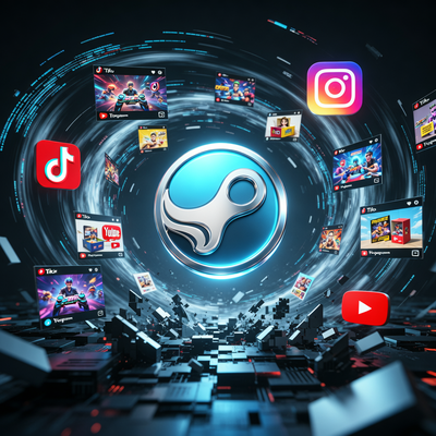 Светящаяся иконка вишлиста Steam в центре вихря из коротких вертикальных видео из TikTok, Instagram и YouTube.