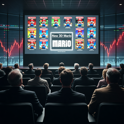 Инвесторы разочарованно смотрят на экран с анонсами Nintendo Direct, на котором отсутствует новая 3D Mario, на фоне падающих графиков акций.