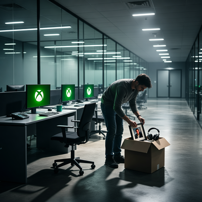Пустой офис Xbox с одним сотрудником, собирающим вещи в коробку, драматическое освещение.
