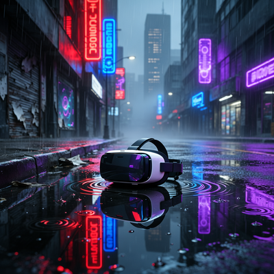 VR-шлем лежит на мокрой улице в неоновом свете, символ упадка VR-индустрии.