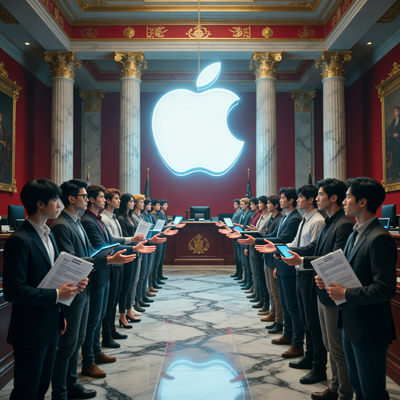 48 китайских разработчиков игр подают жалобу на Apple в антимонопольный орган, на фоне гигантского логотипа Apple.