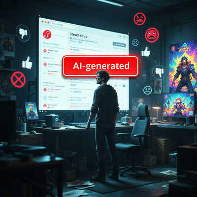 Разработчик игр с тревогой смотрит на экран Steam с ярко-красной меткой 'AI', вокруг парят иконки негативных отзывов и символы ненависти.