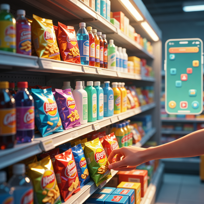 Рука игрока сортирует яркие продукты на полке супермаркета в мобильной головоломке.