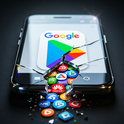 Трещина на иконке Google Play, из которой вырываются логотипы сторонних магазинов приложений.