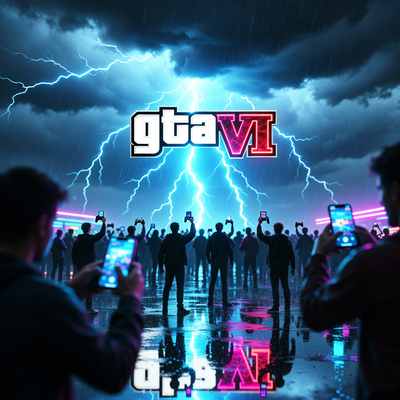 Тёмное небо с молнией, в центре светящийся логотип GTA VI, внизу толпа геймеров с поднятыми контроллерами и телефонами.
