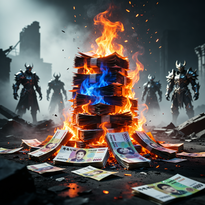 Горящие акции и деньги на фоне силуэтов игровых персонажей в дымном пейзаже.