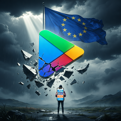 Треснувший значок Google Play на фоне флага ЕС, рядом разработчик с телефоном.