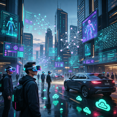 Футуристический игровой мир с VR, облачным геймингом и ИИ.
