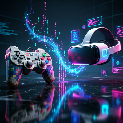 Эволюция игр: от пиксельного контроллера до VR-шлема в неоновом свете.