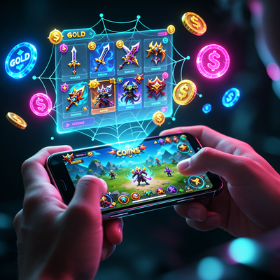 Руки игрока с смартфоном, над экраном висит светящийся веб-шоп с игровой валютой и предметами, неоновое освещение.