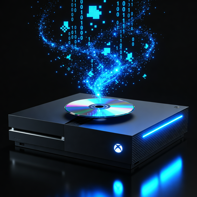 Игровая консоль Xbox, излучающая цифровые частицы, символизирующие переход от физических дисков к цифровым играм.