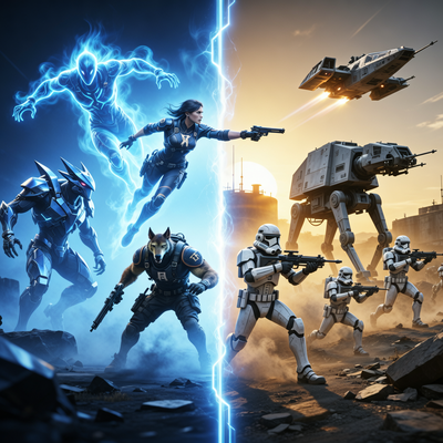 Концепт-арт: слева герои Apex Legends и Titanfall в тумане, справа — штурмовики и техника Star Wars, переход между вселенными.