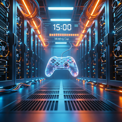Футуристический серверный зал с GPU-стойками и парящим геймпадом, символизирующий ограничение облачного стриминга Xbox.