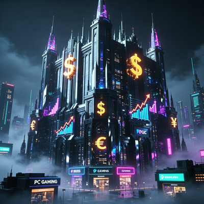 Гигантская цифровая крепость Steam возвышается над неоновым городом, символизируя рекордную выручку и доминирование на рынке.