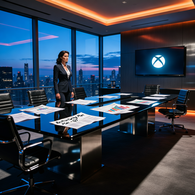 Женщина-руководитель в переговорной комнате на фоне логотипа Xbox, символизирующая реструктуризацию игрового подразделения Microsoft.