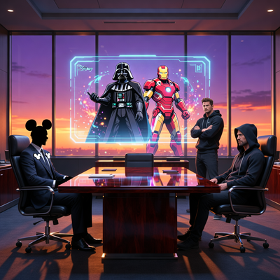 Кинематографичная сцена переговоров: Disney и Epic Games за столом, голограмма с персонажами Fortnite, драматичное освещение.