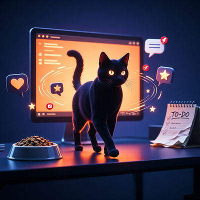 Кошка из idle-игры гуляет по рабочему столу среди иконок вишлистов и уведомлений
