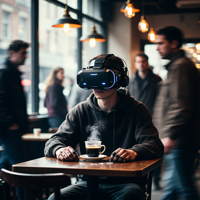 Человек в громоздком VR-шлеме сидит за столиком кафе, прохожие смотрят с недоумением.