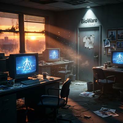 Заброшенный офис BioWare с пустыми столами и мерцающими мониторами, символизирующий закрытие студии.