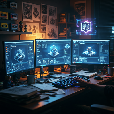 Разработчик за компьютером с интерфейсом Unreal Engine и элементами ИИ, на фоне логотип Epic Games.